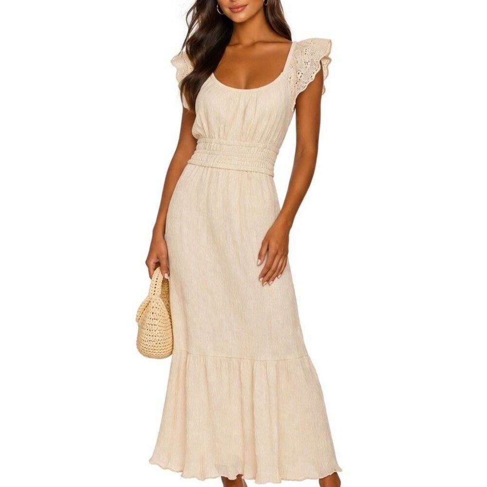 Lucky Brand Maxi Dress Small Embroidered Eyelet Flutter Sleeve Ruffle Tiered